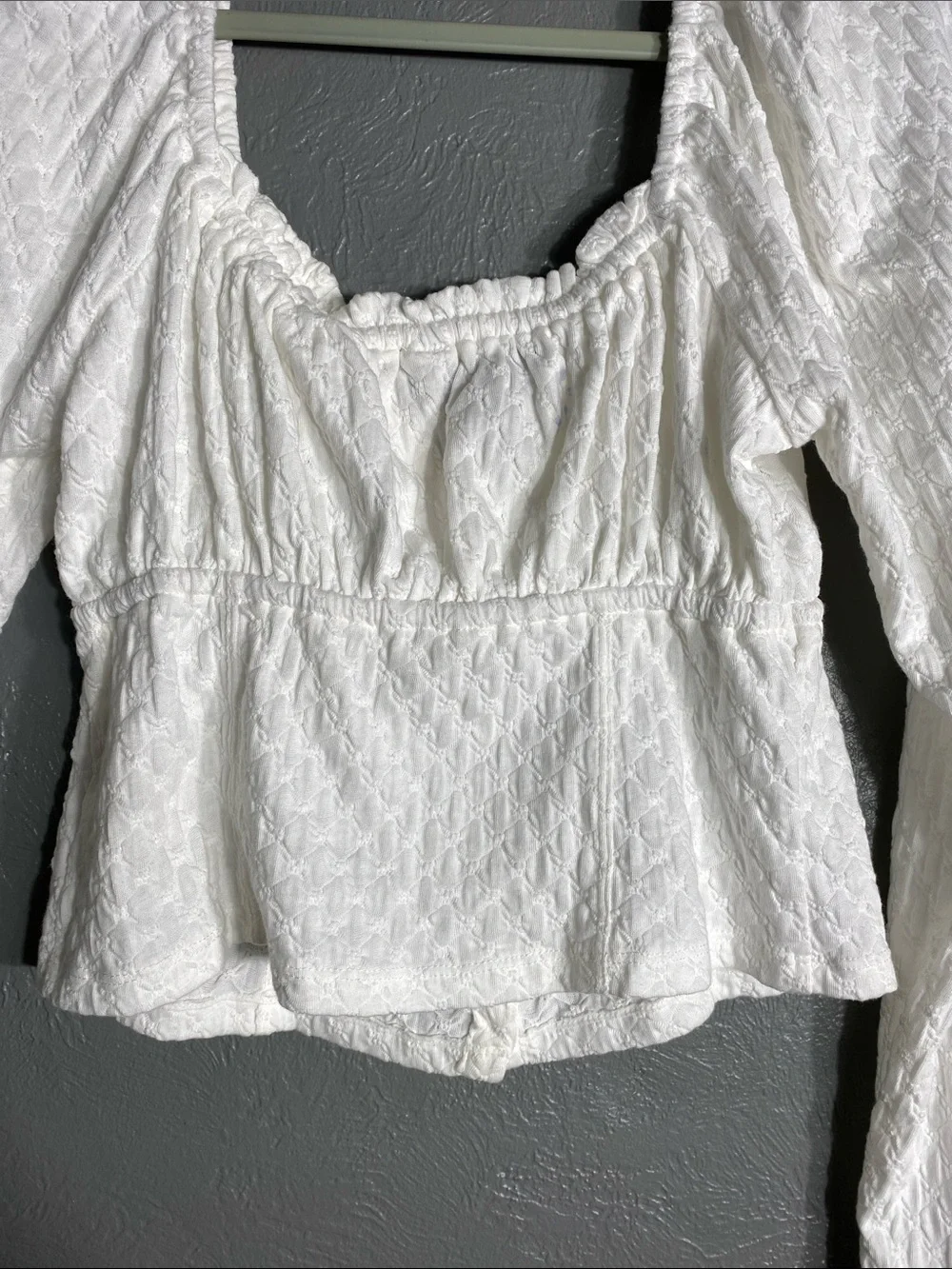 Free People Peasant Crop Top XL Ivory Square Neck Textured Milkmaid Blouse